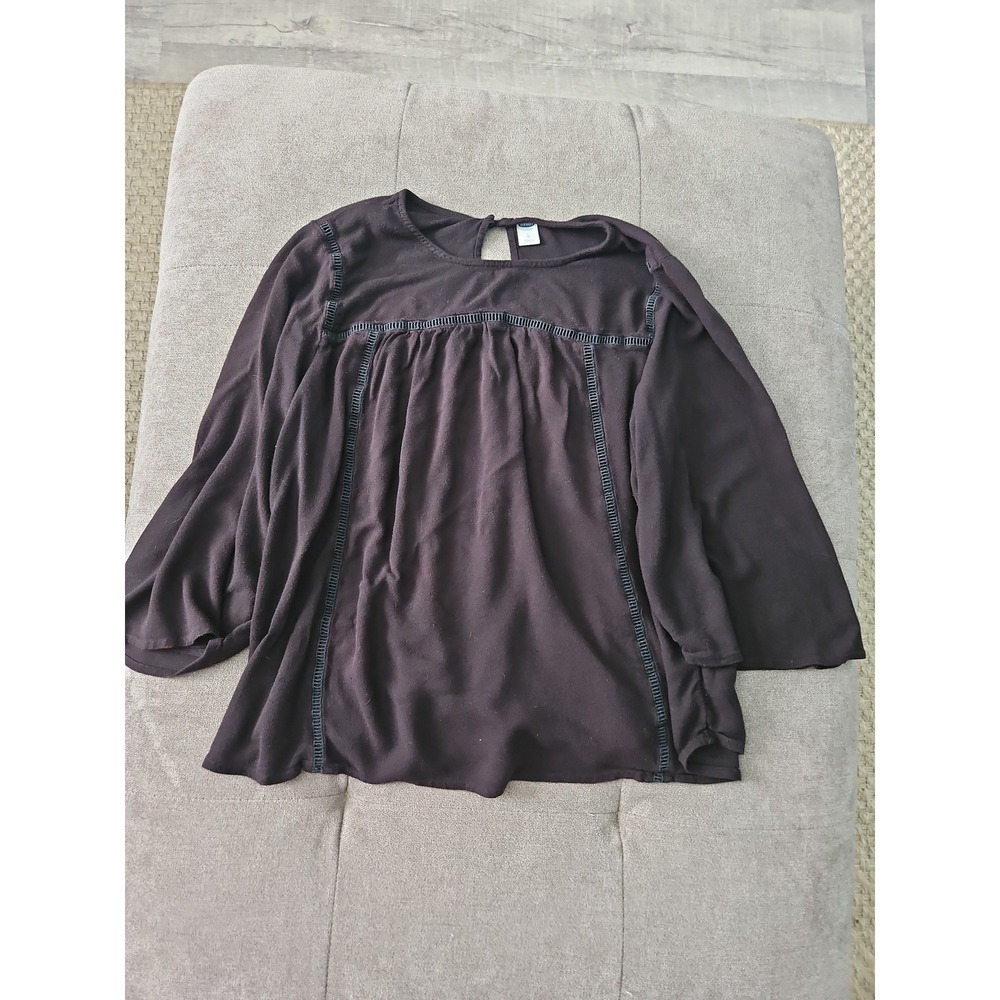 Old Navy Black Lace Trim Boho Blouse Large Rayon Bell Sleeve Peasant Top